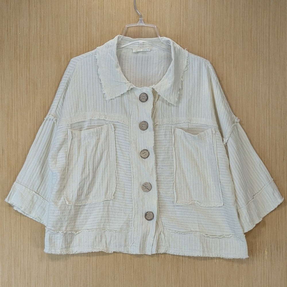Oli & Hali Boho Lagenlook Granola Cream Cotton Gauze Raw Edge Shirt Jacket Small